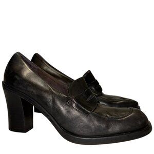 Vintage GUESS Y2K 90s High Heel Chunky Loafer Pumps 10 Black Leather Preppy Brat